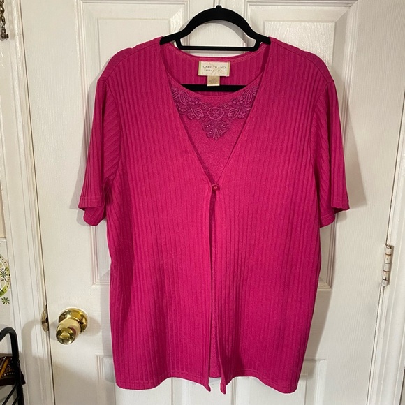 Capistrano Essentials 18/20W Fuchsia Pink Ribbed Sweater Knit Cardigan 2FER Top - Picture 1 of 12